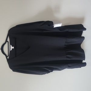 NWT Plus Size (5x) Nine West Puff Sleeve Babydoll Blouse, Black, V-Neck, Peplum